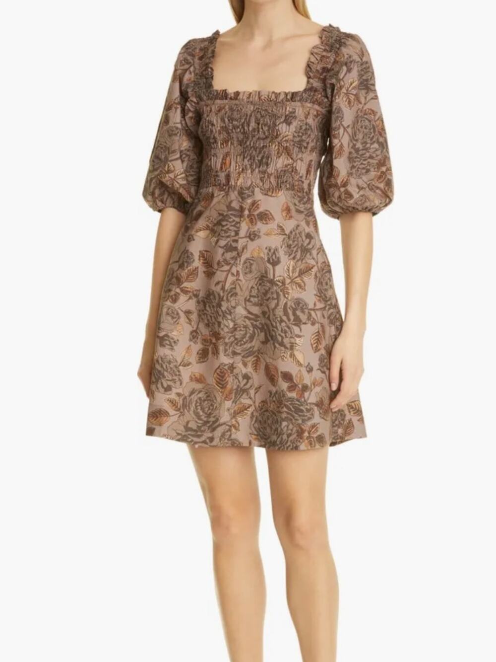Ganni Floral Puff Sleeve Organic Cotton Poplin Smocked Dress US 8 Fossil Brown